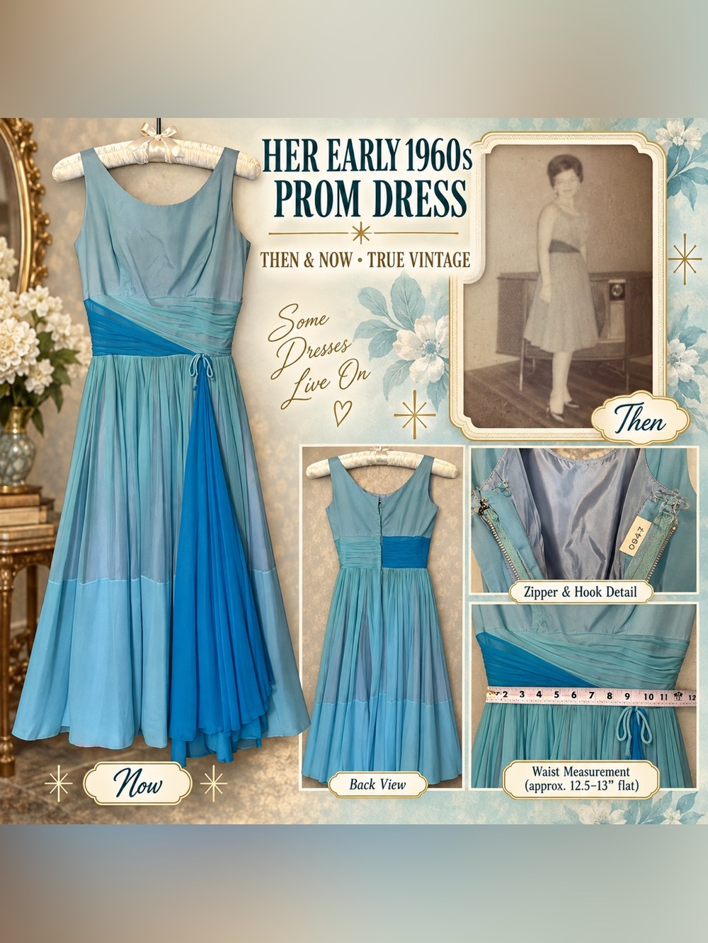 True Vintage Early 1960s Aqua Chiffon Prom Dress - XXS Petite